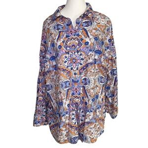 Talbots Blue & Orange Bohemian Eclectic Paisley Long Sleeve Button Down Shirt